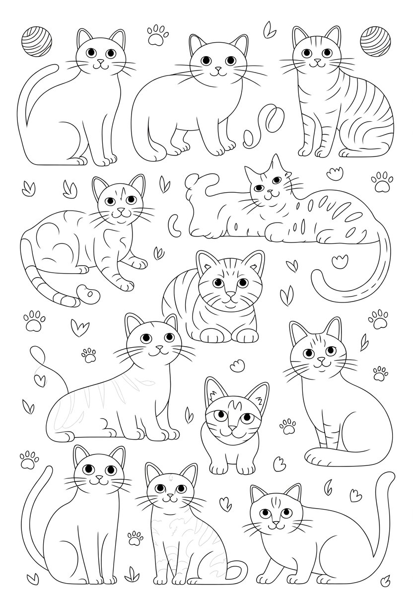 Printable Cute Cat Coloring Pages 20 Best Designs for All Ages 29 A group of different cat breeds in various playful and relaxed poses surrounded by small decorative elements.